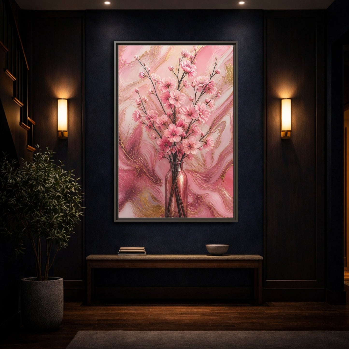 Floral Cherry Blossom Pink And Gold Framed Canvas Print – Living Room, Above Fireplace - YesArtYes