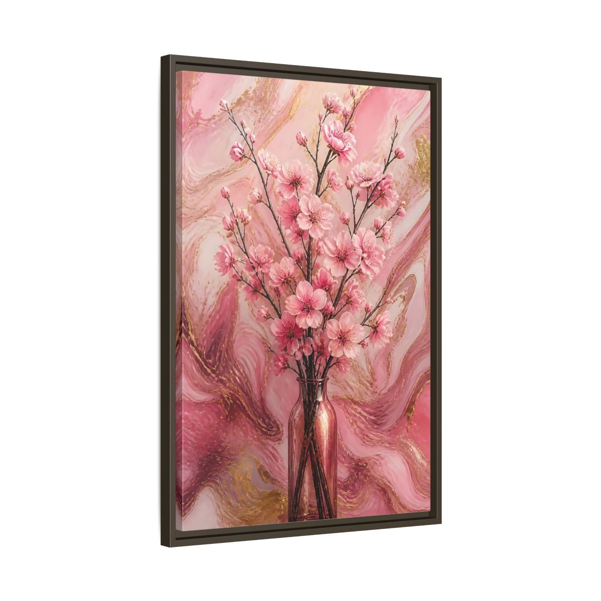 Floral Cherry Blossom Pink And Gold Framed Canvas Print – Living Room, Above Fireplace - YesArtYes