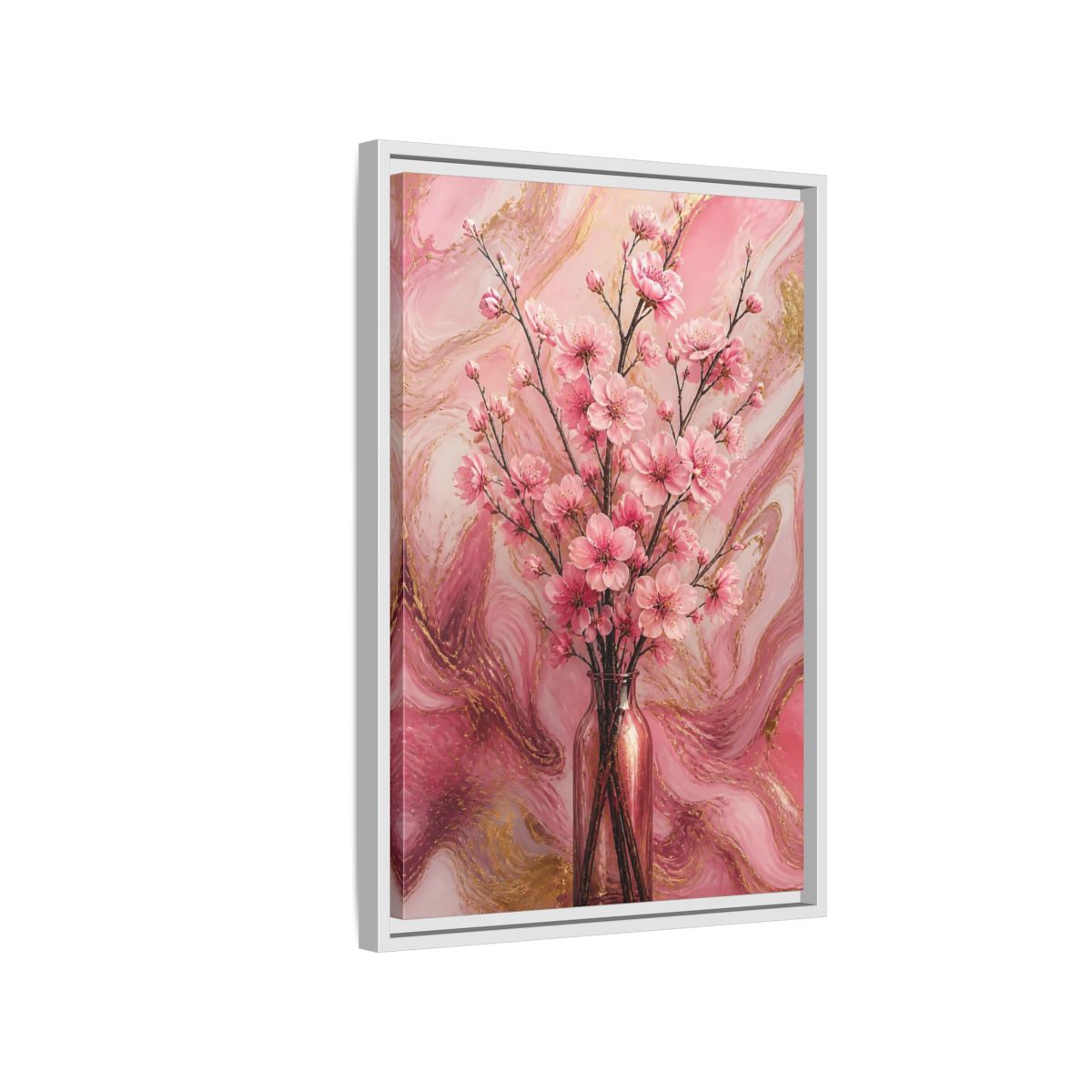 Side Mockup 1. Floral Cherry Blossom Pink And Gold shown as framed canvas print
