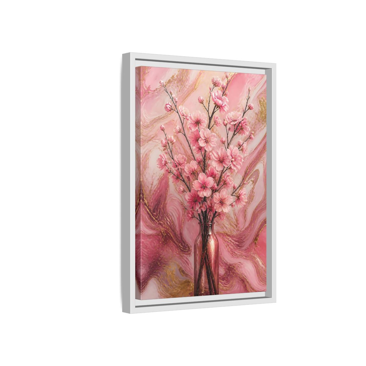 Side Mockup 4. Floral Cherry Blossom Pink And Gold shown as framed canvas print