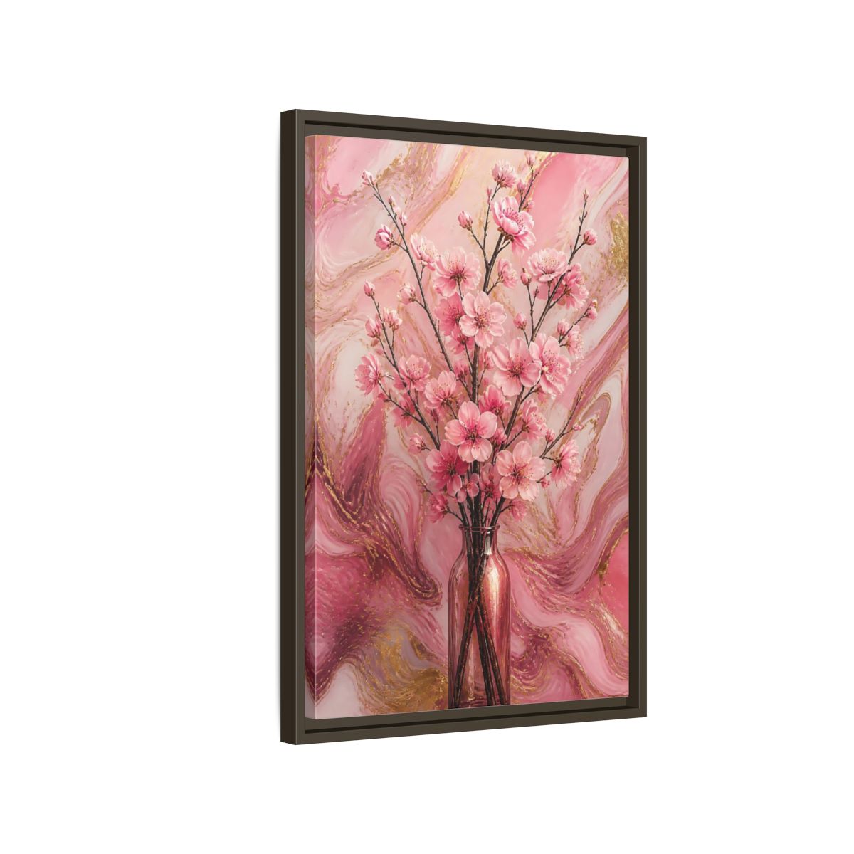Side Mockup 2. Floral Cherry Blossom Pink And Gold shown as framed canvas print