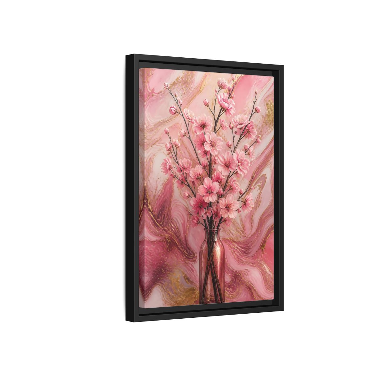 Side Mockup 6. Floral Cherry Blossom Pink And Gold shown as framed canvas print