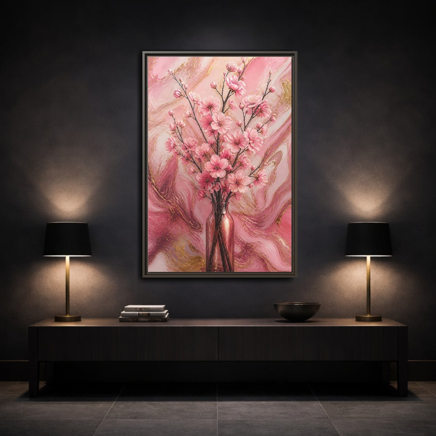 Mockup 3. Floral Cherry Blossom Pink And Gold shown as framed canvas print