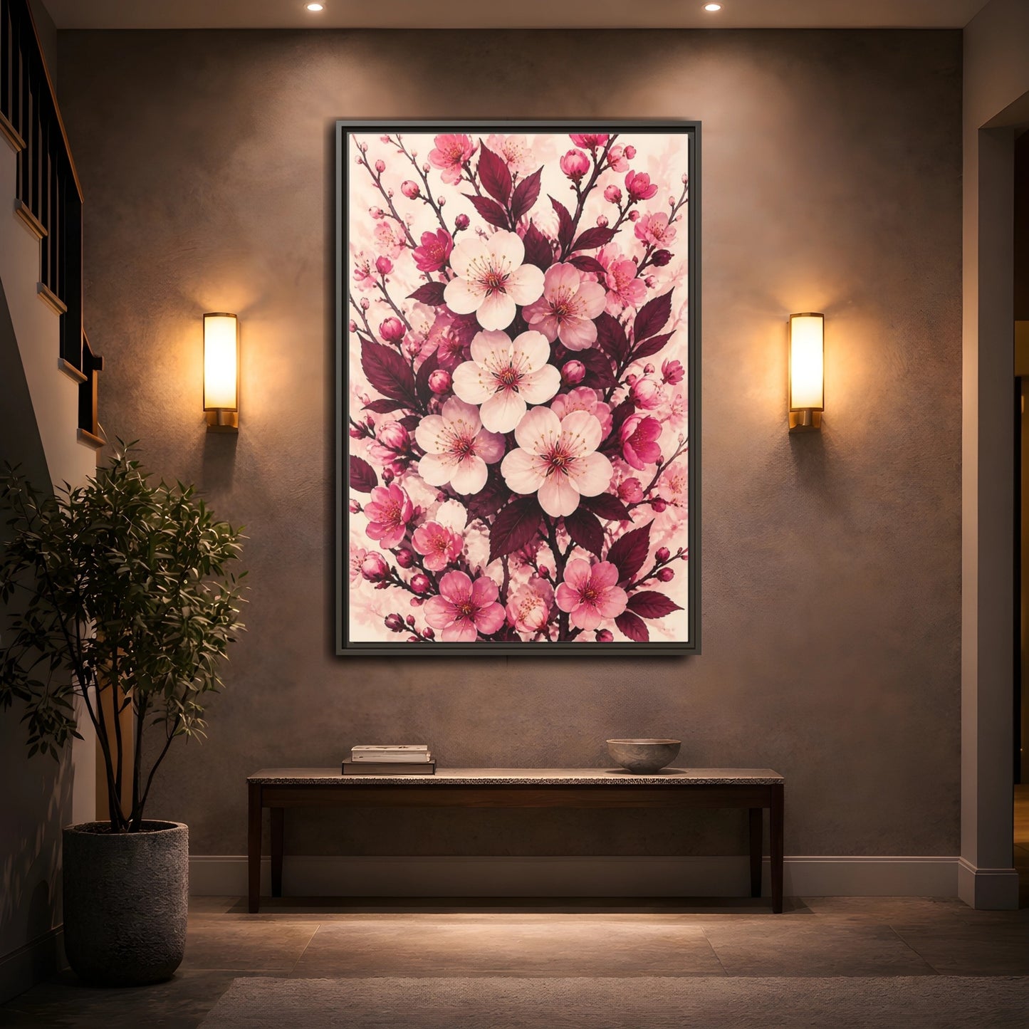 Mockup 2. Floral Cherry Blossom Pink Blossoms shown as framed canvas print