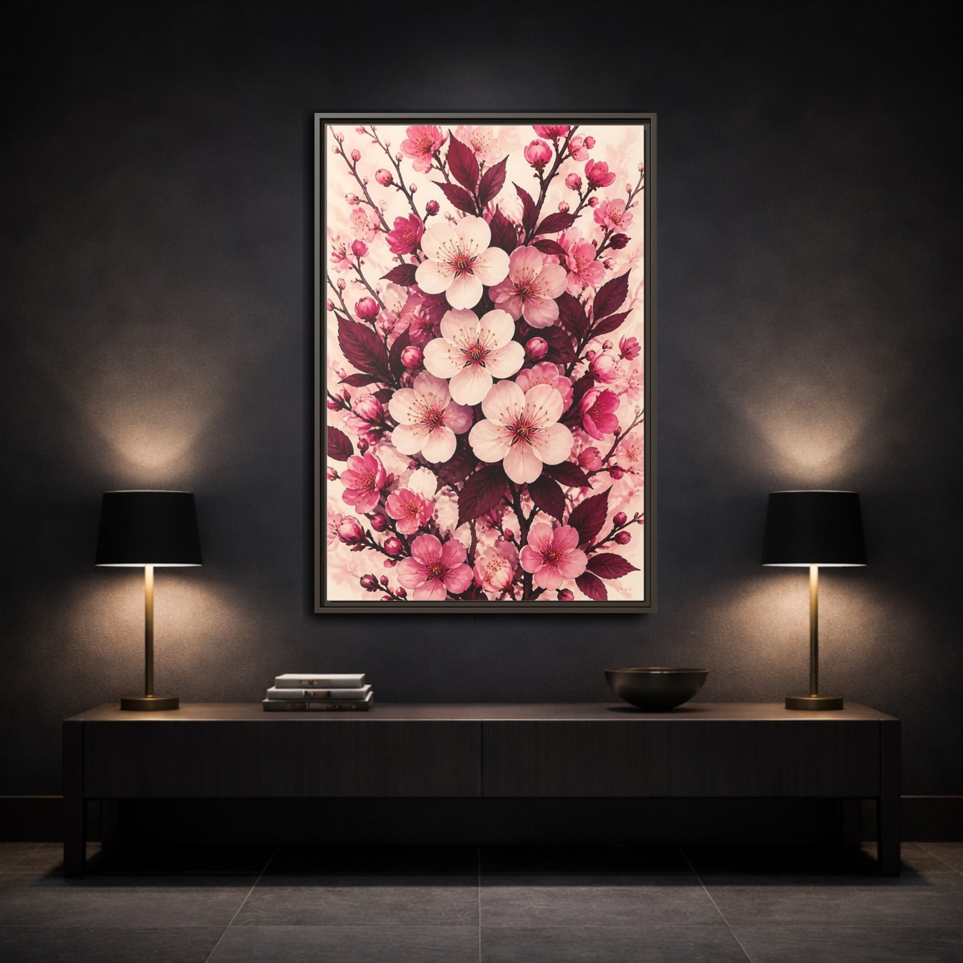 Mockup 3. Floral Cherry Blossom Pink Blossoms shown as framed canvas print