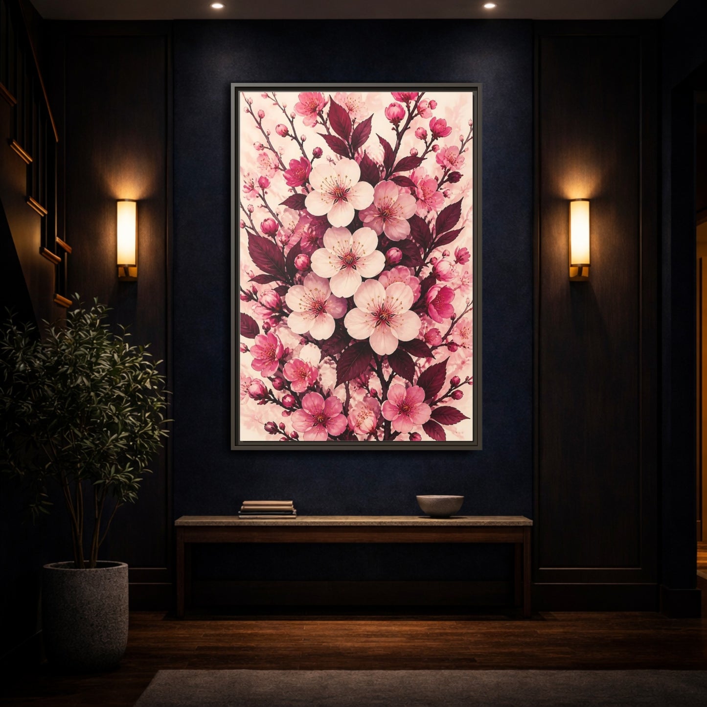 Mockup 4. Floral Cherry Blossom Pink Blossoms shown as framed canvas print