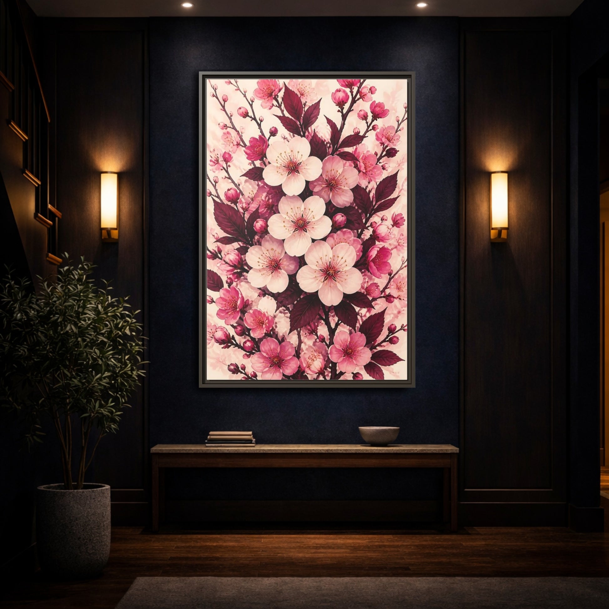 Mockup 4. Floral Cherry Blossom Pink Blossoms shown as framed canvas print
