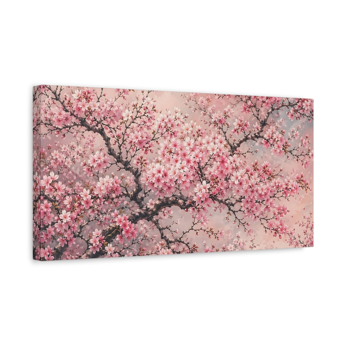 Side Mockup 3. Floral Cherry Blossom Pink Cherry Blossom shown as stretched canvas wall art