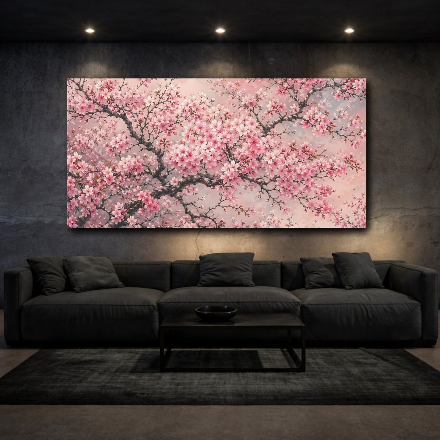 Mockup 2. Floral Cherry Blossom Pink Cherry Blossom shown as stretched canvas wall art