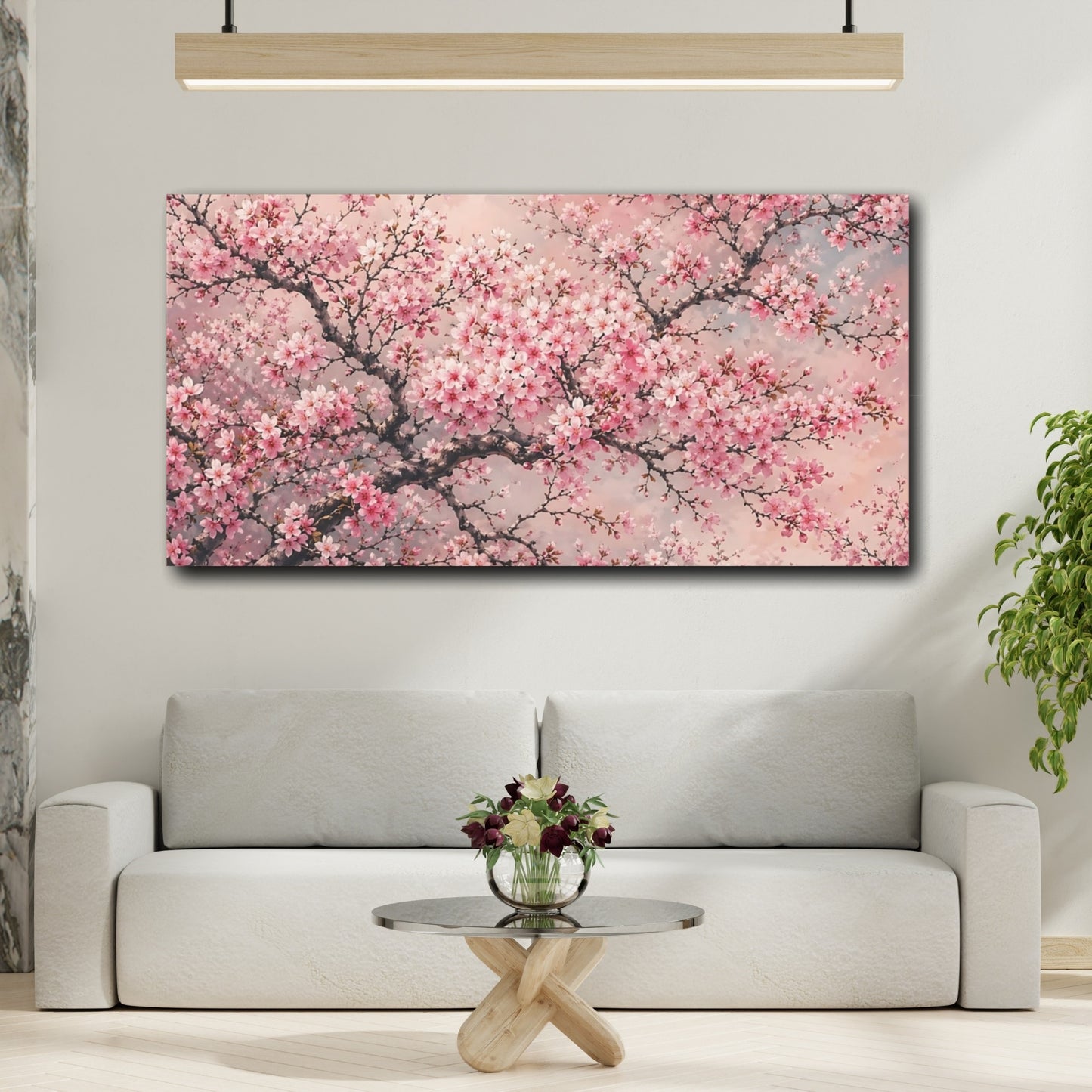 Mockup 3. Floral Cherry Blossom Pink Cherry Blossom shown as stretched canvas wall art