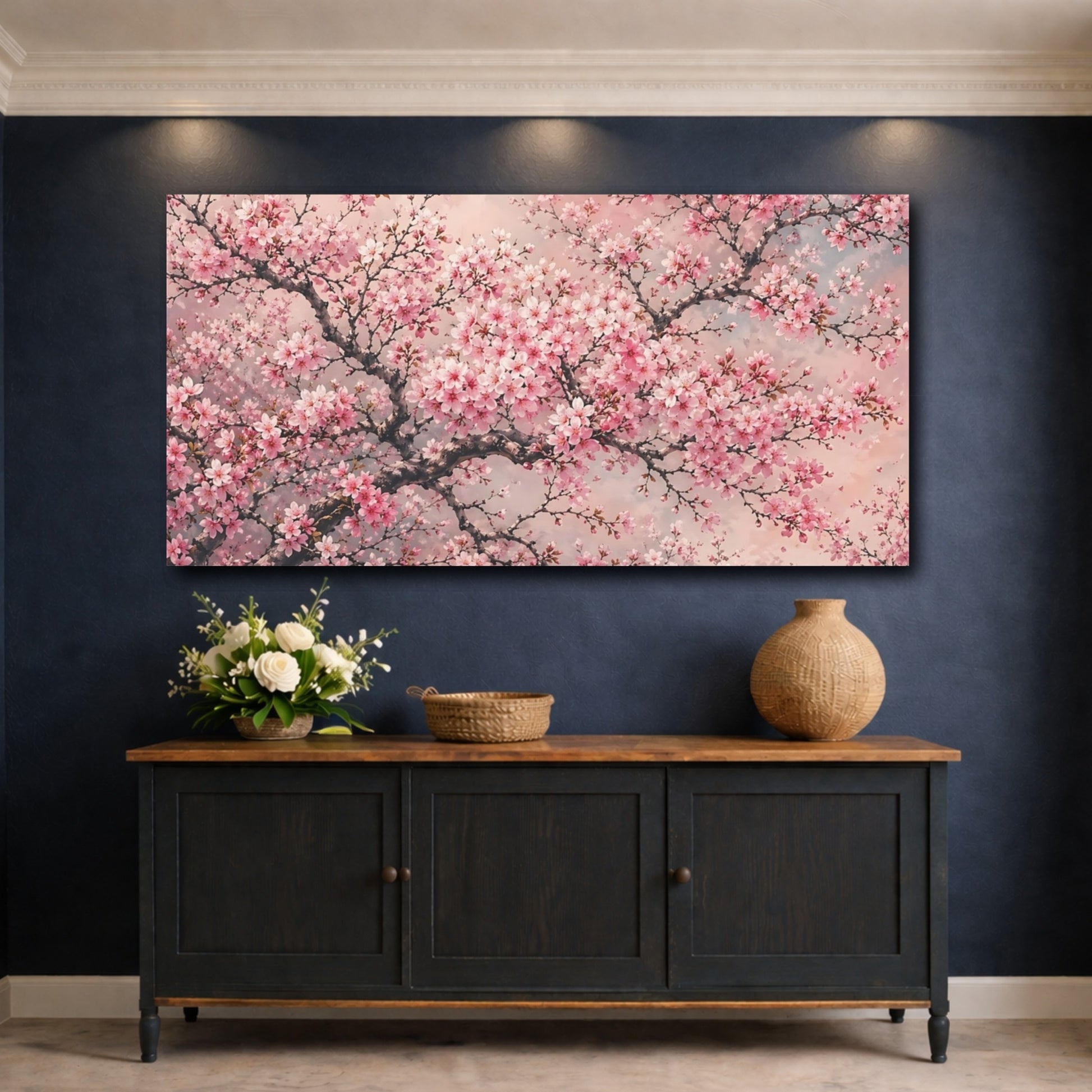 Mockup 4. Floral Cherry Blossom Pink Cherry Blossom shown as stretched canvas wall art