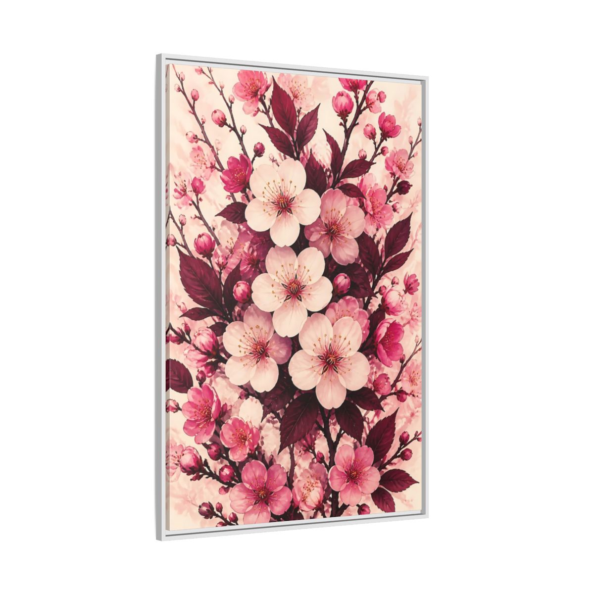 Side Mockup 7. Floral Cherry Blossom Pink Blossoms shown as framed canvas print