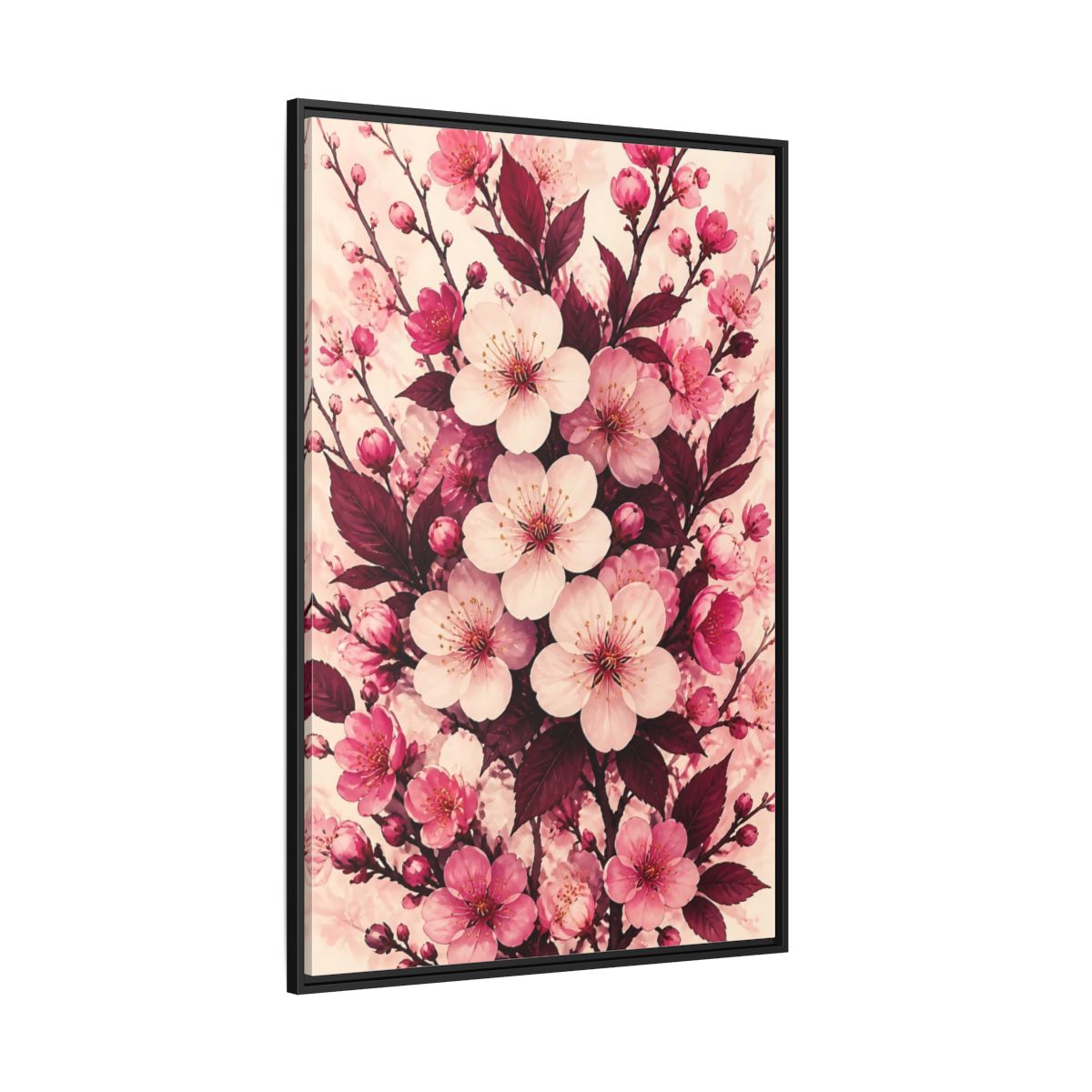 Side Mockup 12. Floral Cherry Blossom Pink Blossoms shown as framed canvas print