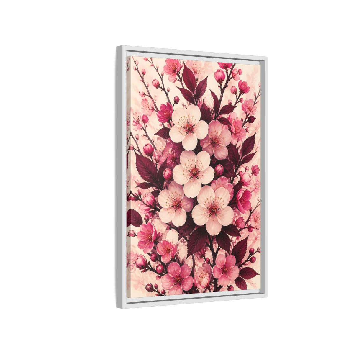 Side Mockup 1. Floral Cherry Blossom Pink Blossoms shown as framed canvas print