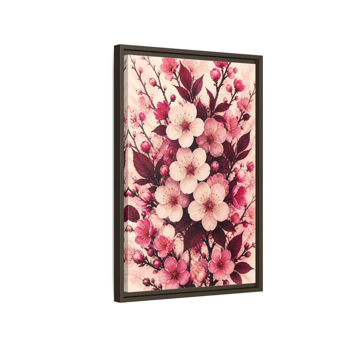 Side Mockup 2. Floral Cherry Blossom Pink Blossoms shown as framed canvas print