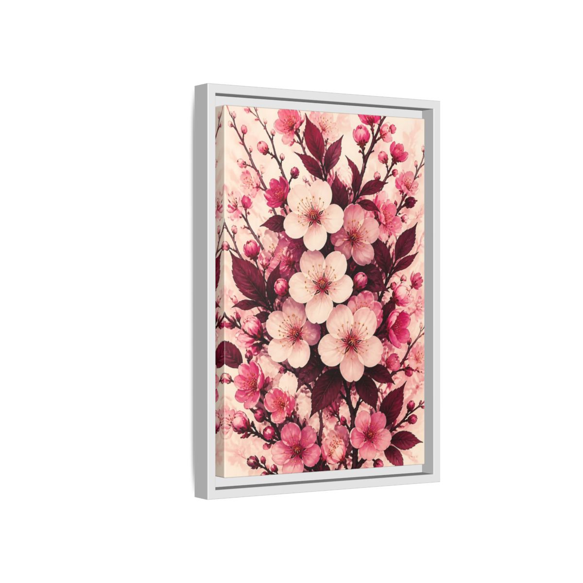 Side Mockup 4. Floral Cherry Blossom Pink Blossoms shown as framed canvas print