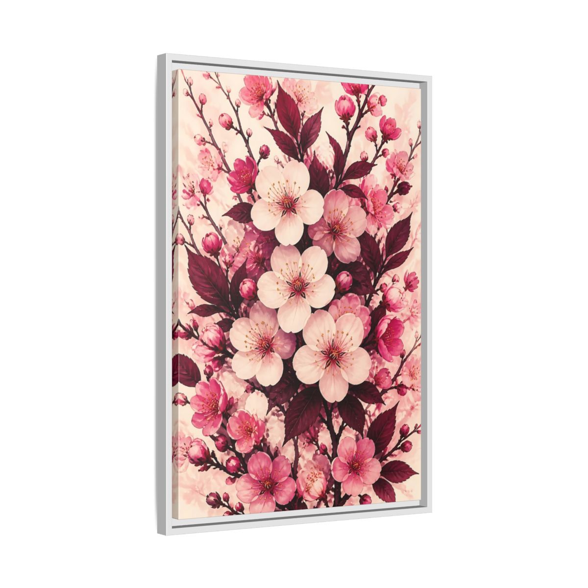 Side Mockup 10. Floral Cherry Blossom Pink Blossoms shown as framed canvas print