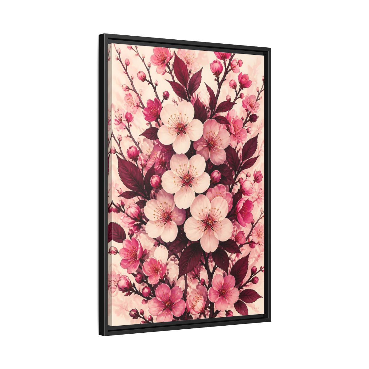Side Mockup 14. Floral Cherry Blossom Pink Blossoms shown as framed canvas print