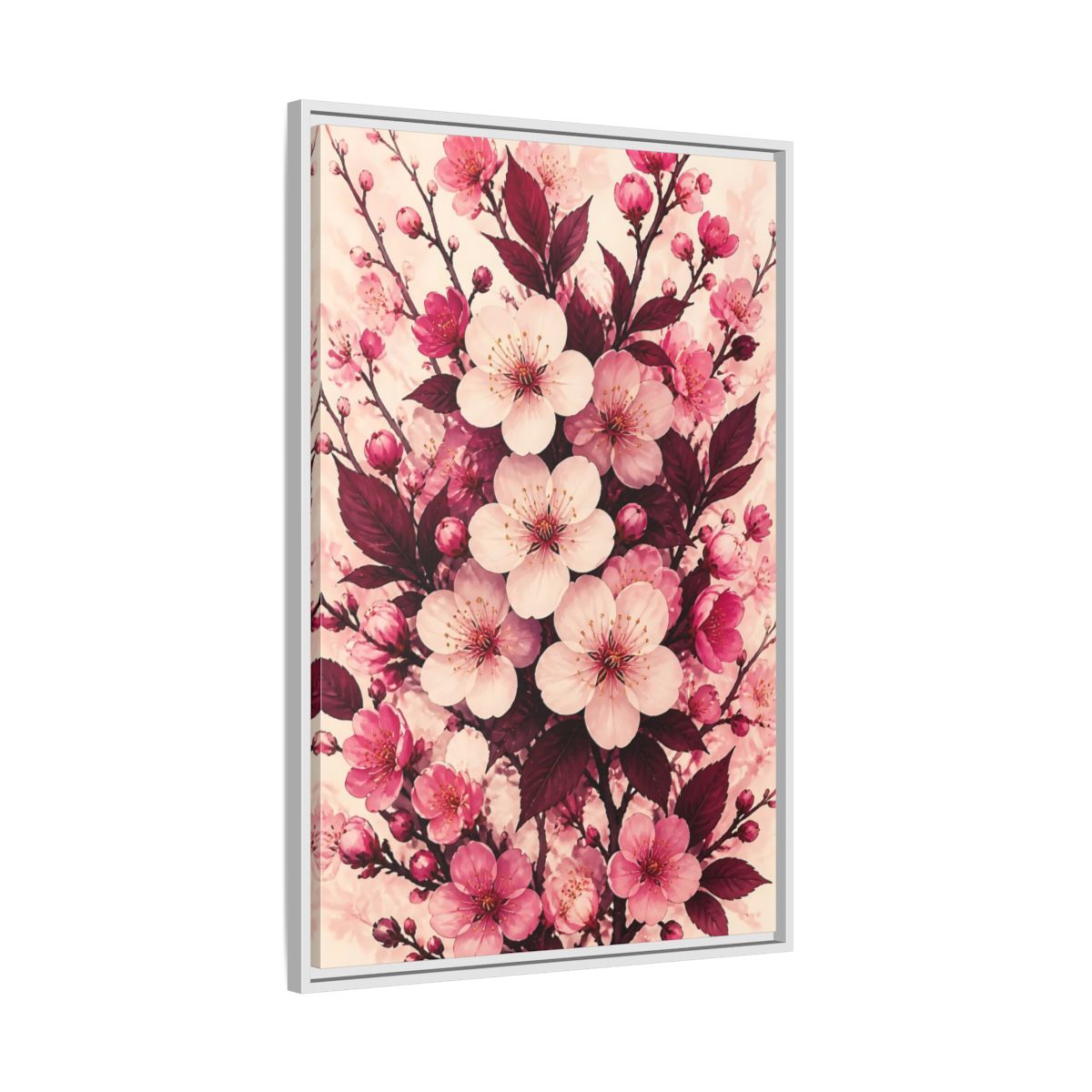 Side Mockup 9. Floral Cherry Blossom Pink Blossoms shown as framed canvas print