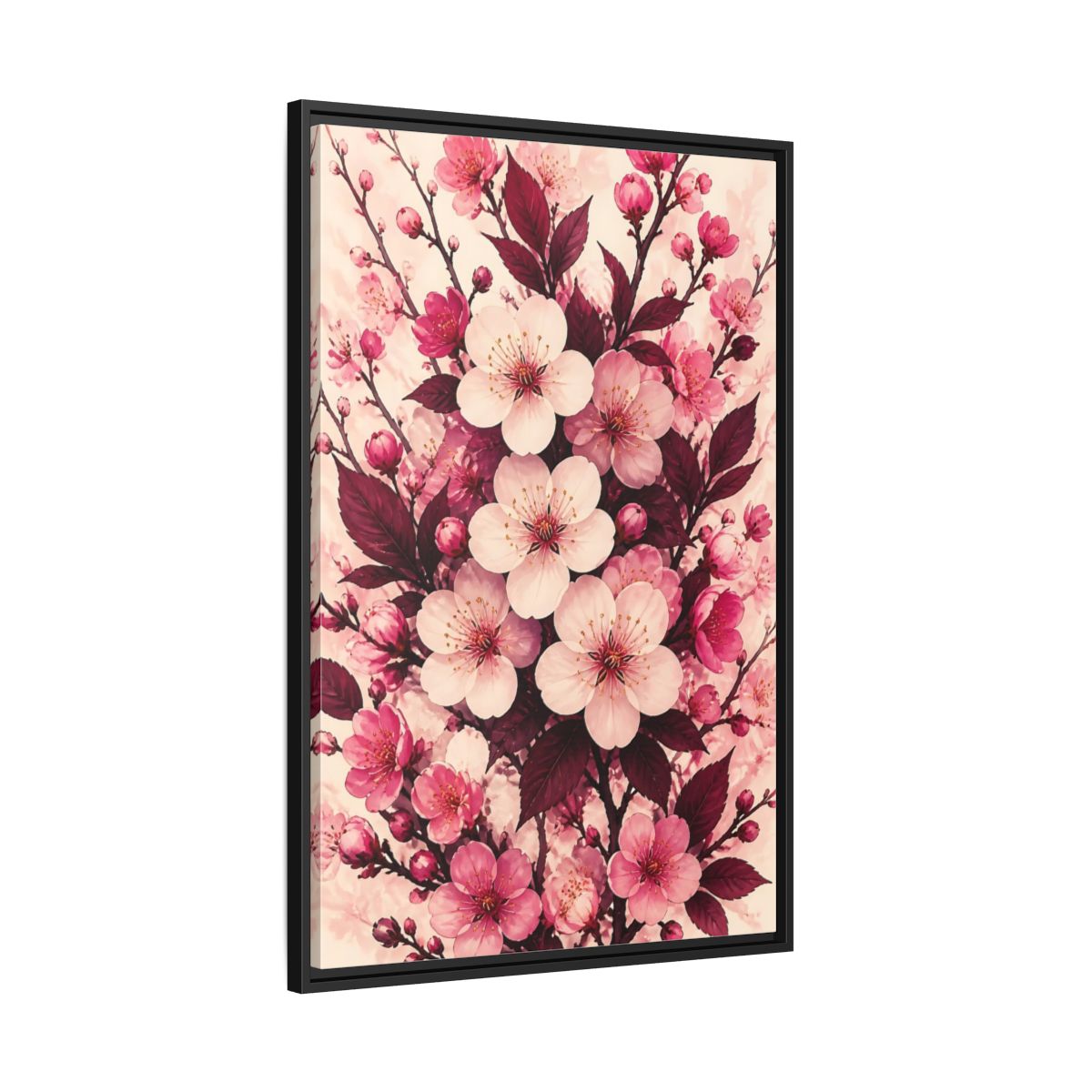 Side Mockup 13. Floral Cherry Blossom Pink Blossoms shown as framed canvas print
