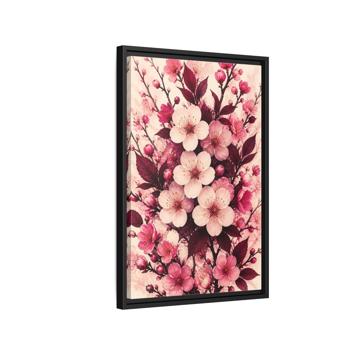 Side Mockup 3. Floral Cherry Blossom Pink Blossoms shown as framed canvas print