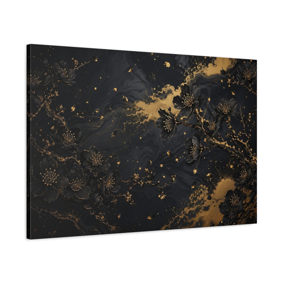 Main Mockup. Floral Cherry Blossoms Black And Gold shown as stretched canvas wall art