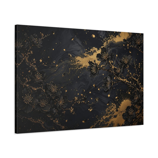 Main Mockup. Floral Cherry Blossoms Black And Gold shown as stretched canvas wall art