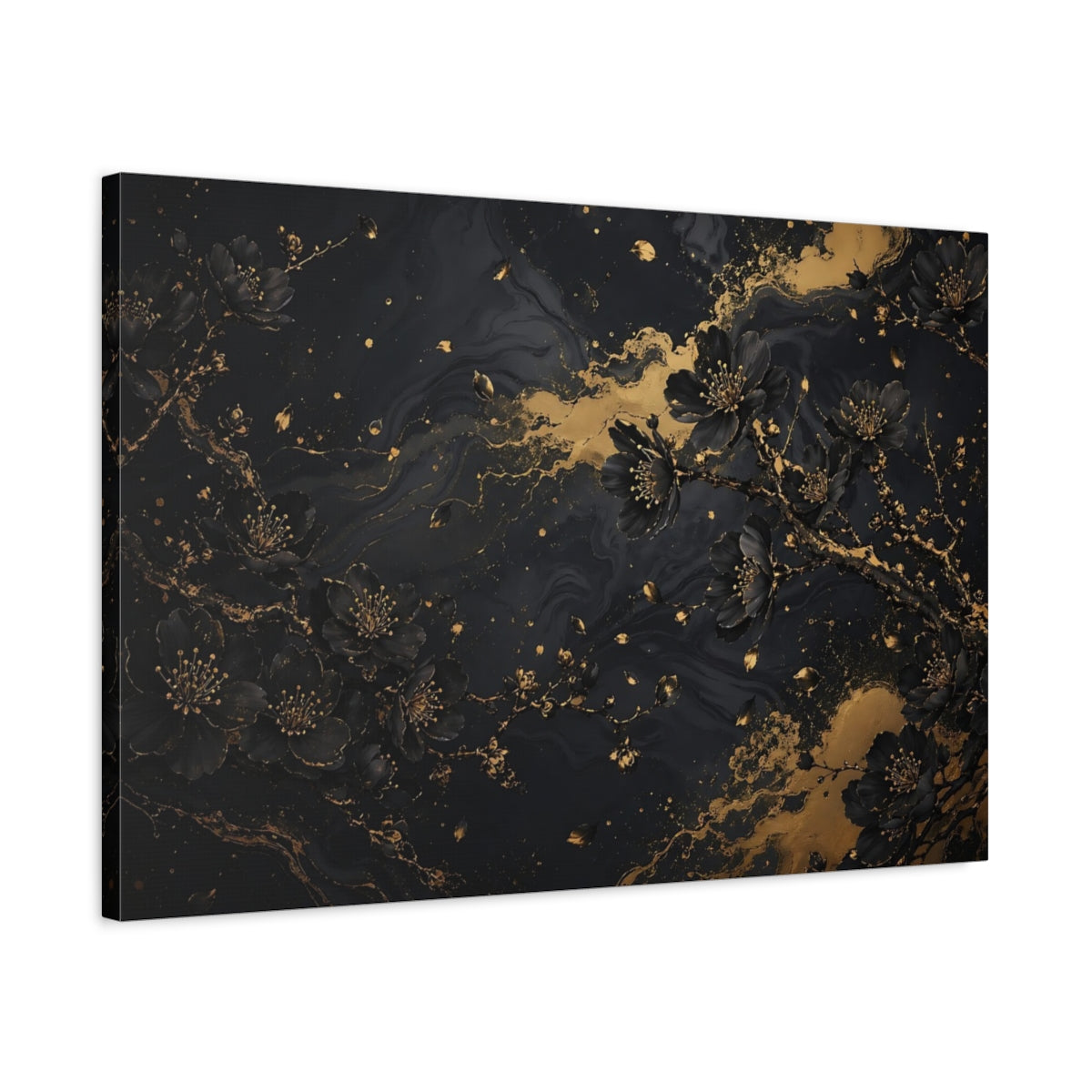 Side Mockup 2. Floral Cherry Blossoms Black And Gold shown as stretched canvas wall art