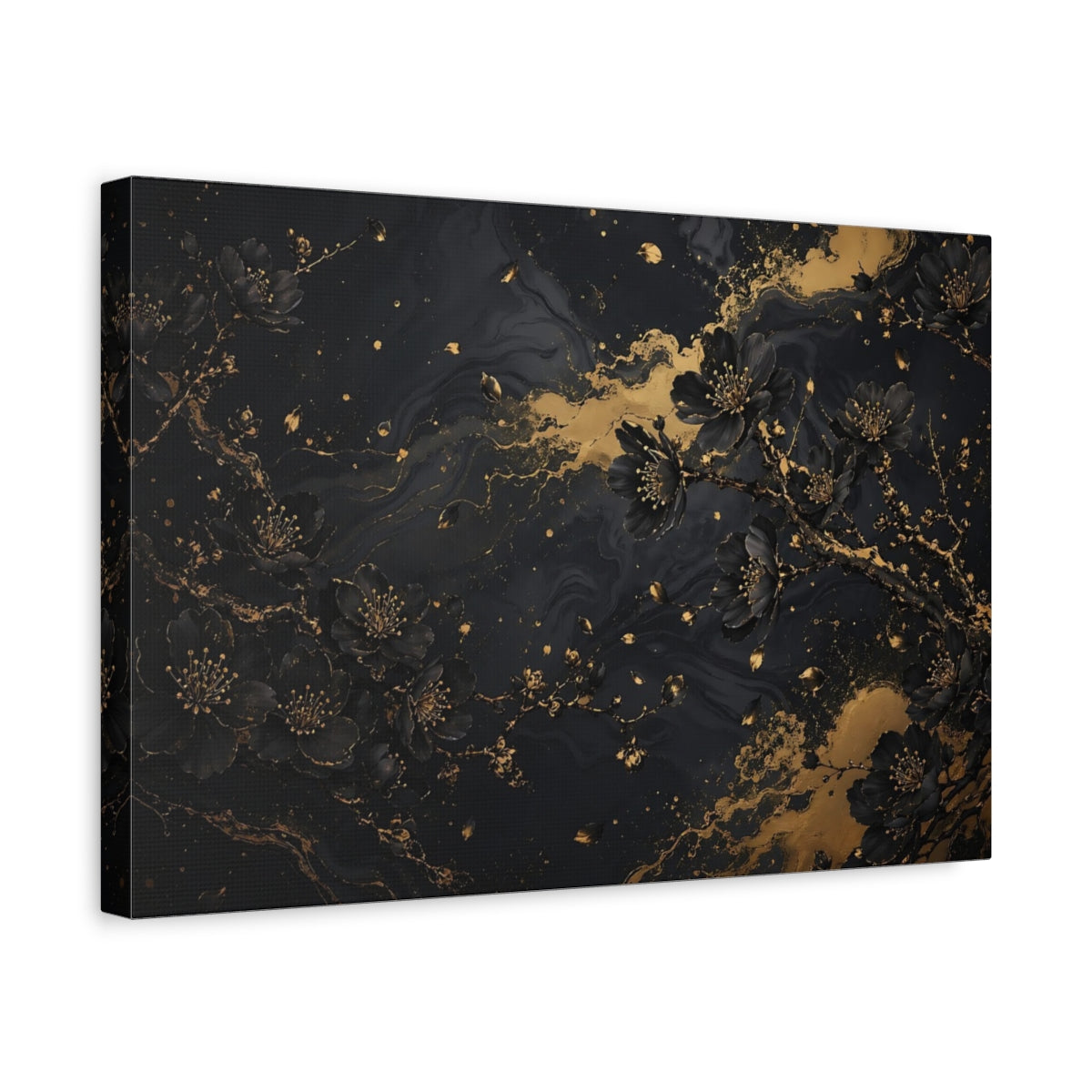 Side Mockup 4. Floral Cherry Blossoms Black And Gold shown as stretched canvas wall art