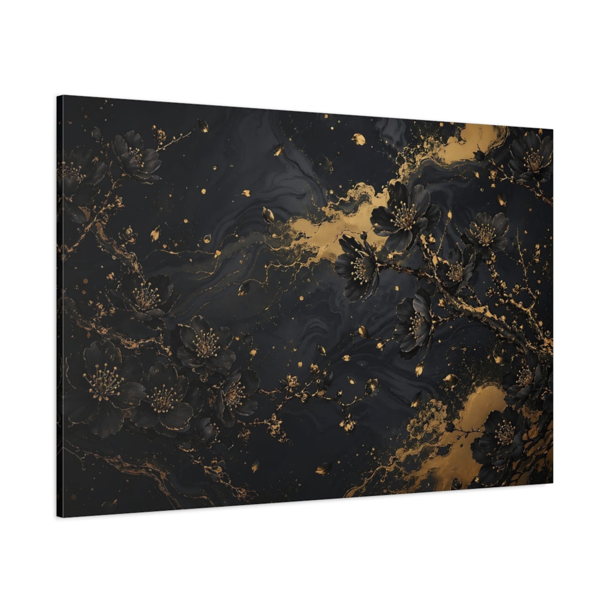Side Mockup 1. Floral Cherry Blossoms Black And Gold shown as stretched canvas wall art