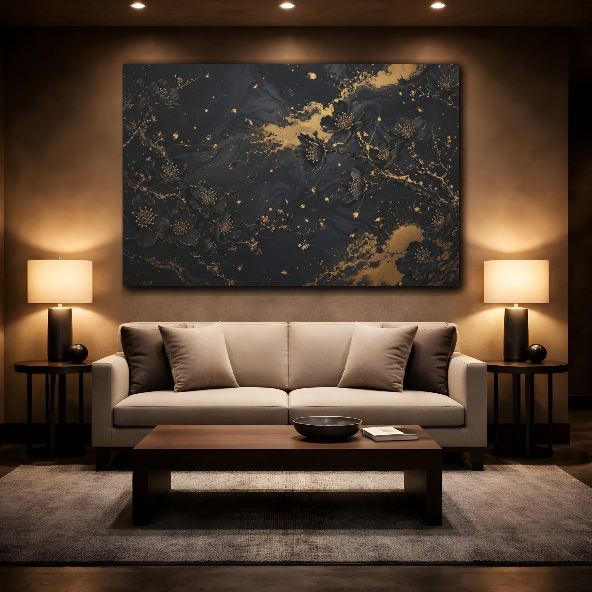 Mockup 2. Floral Cherry Blossoms Black And Gold shown as stretched canvas wall art