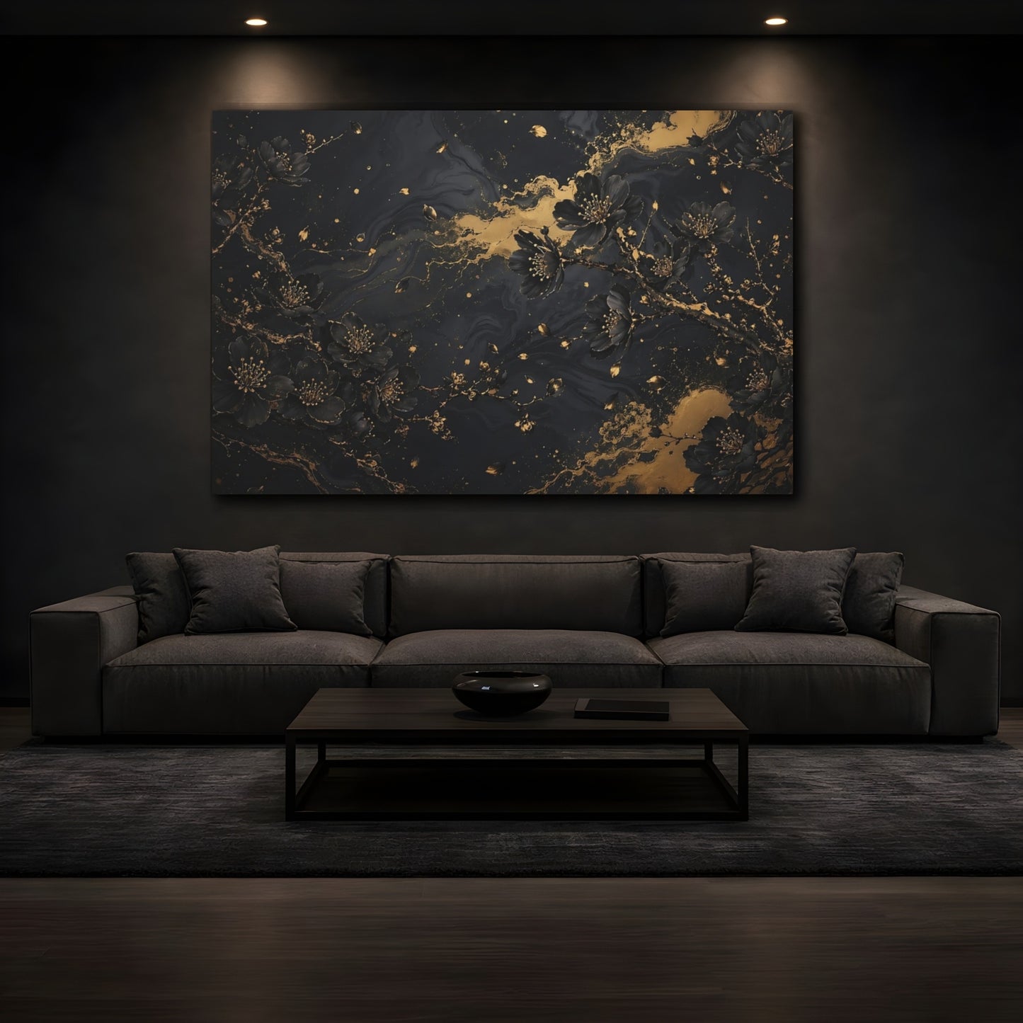 Mockup 3. Floral Cherry Blossoms Black And Gold shown as stretched canvas wall art