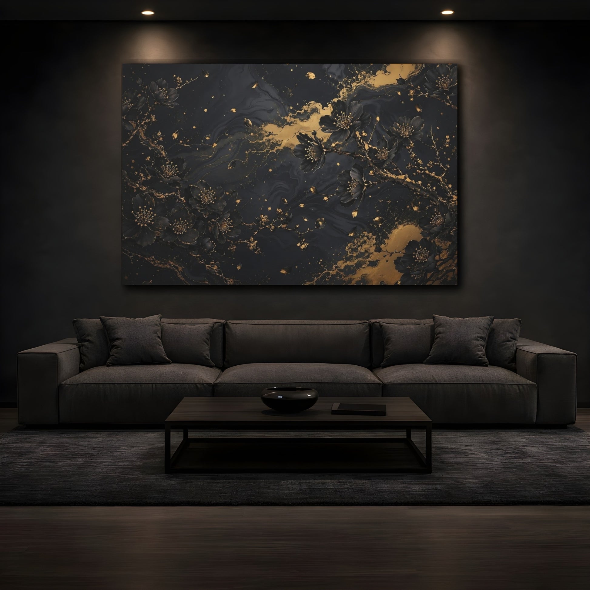 Mockup 3. Floral Cherry Blossoms Black And Gold shown as stretched canvas wall art
