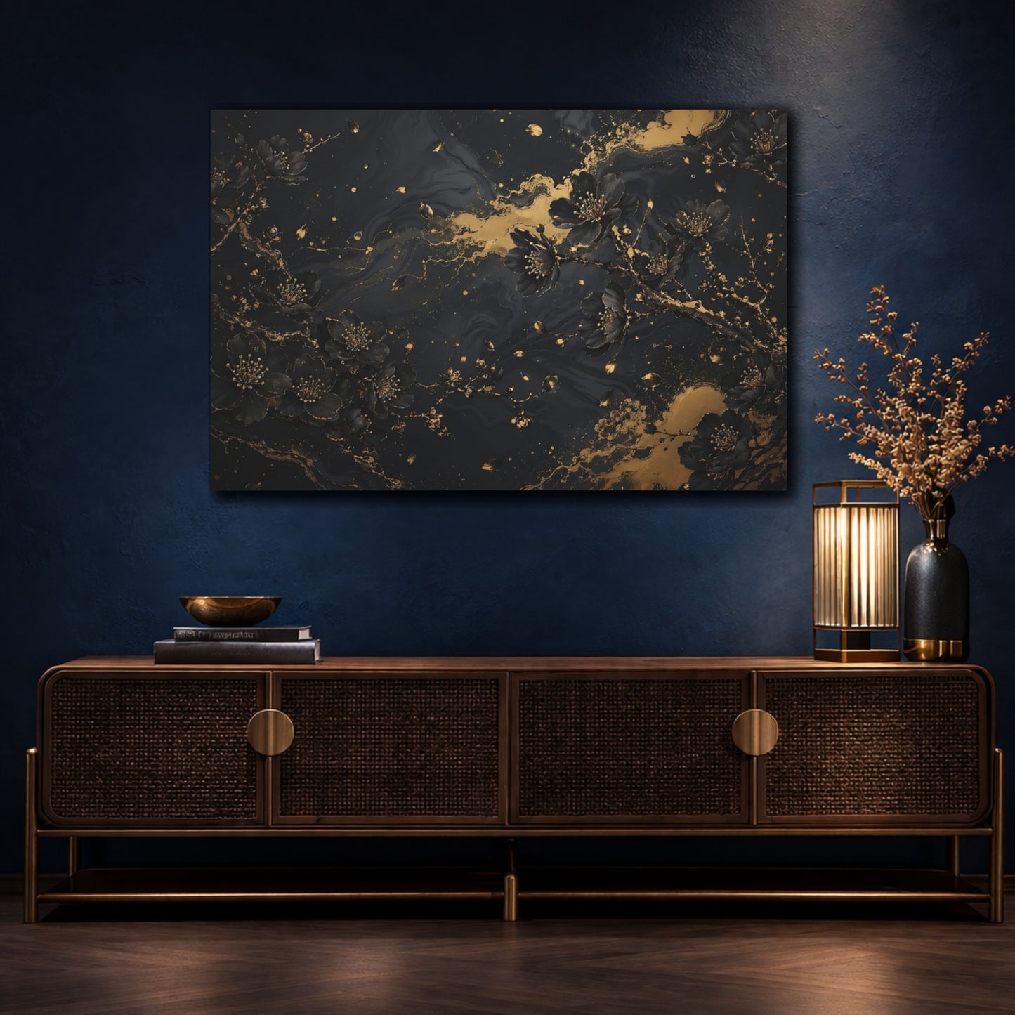 Mockup 4. Floral Cherry Blossoms Black And Gold shown as stretched canvas wall art
