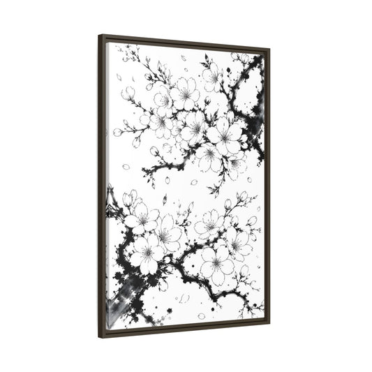 Main Mockup. Floral Cherry Blossoms Black White Cherry Blossom shown as framed canvas print