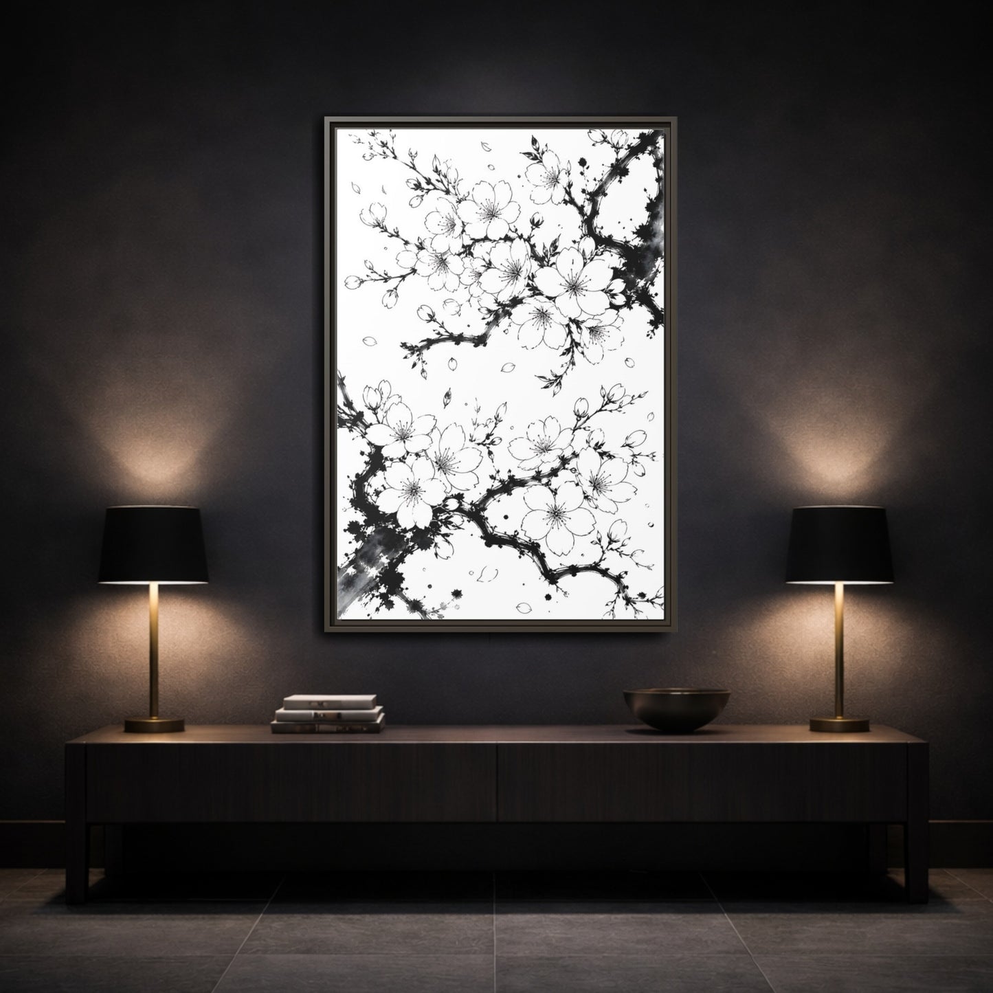 Mockup 3. Floral Cherry Blossoms Black White Cherry Blossom shown as framed canvas print