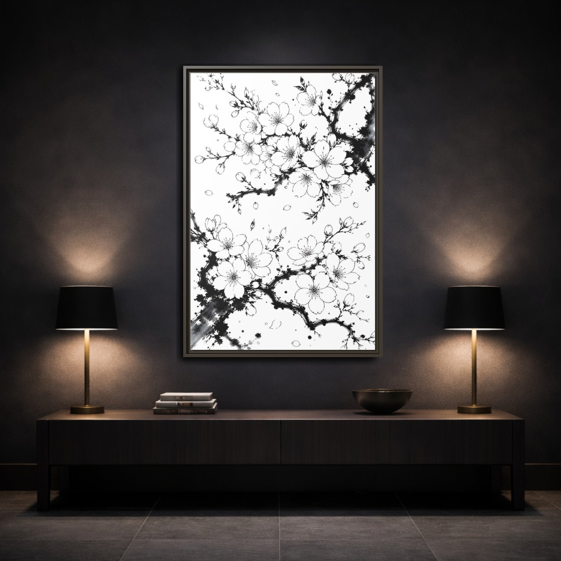 Mockup 3. Floral Cherry Blossoms Black White Cherry Blossom shown as framed canvas print