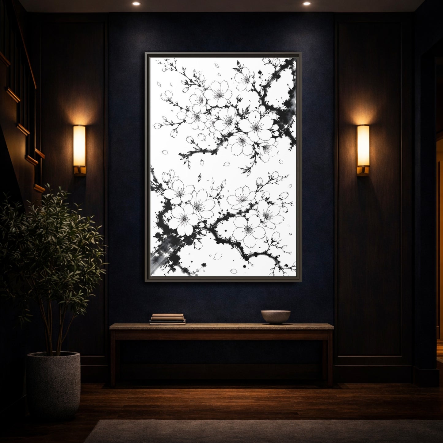Mockup 4. Floral Cherry Blossoms Black White Cherry Blossom shown as framed canvas print