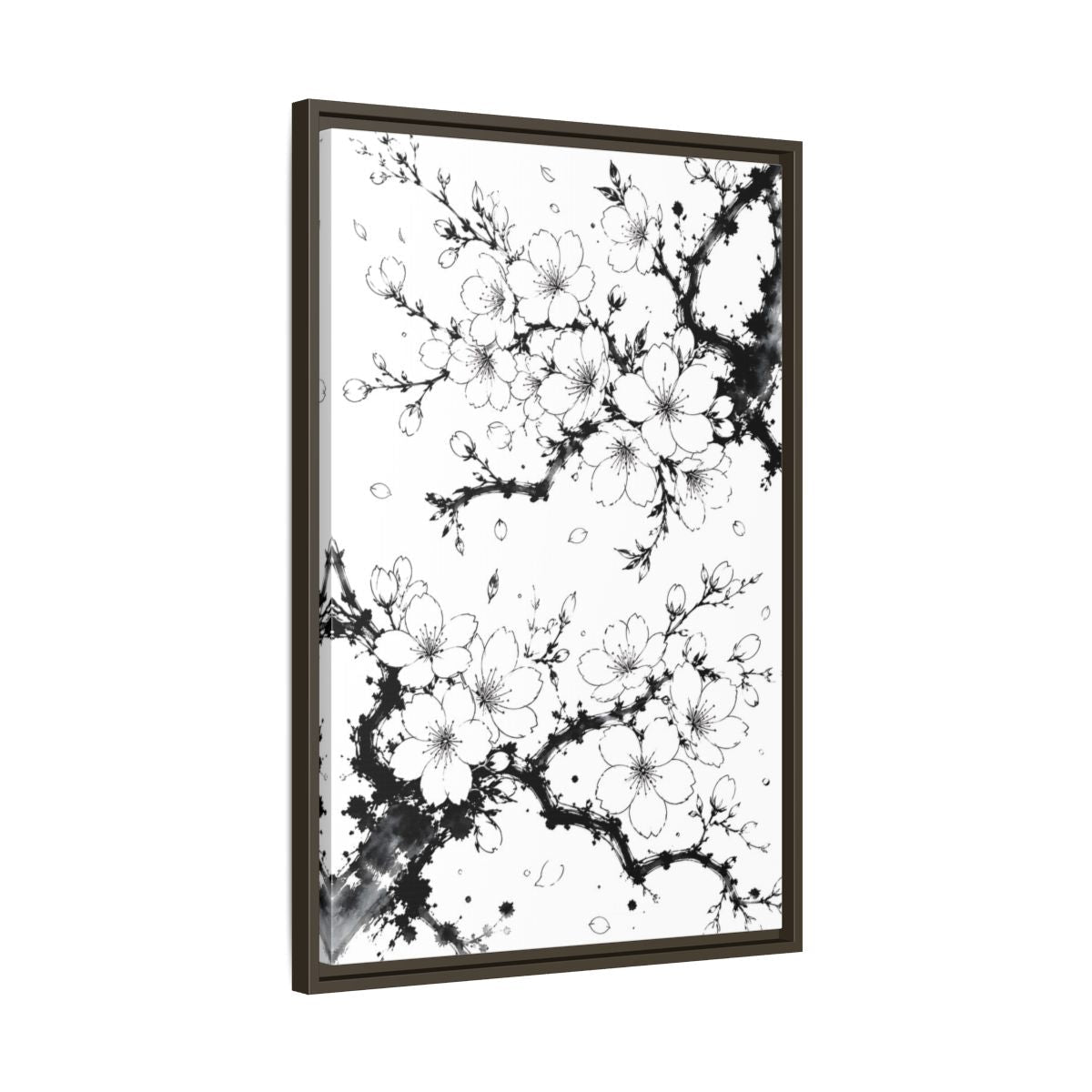 Floral Cherry Blossoms Black White Framed Canvas Print Wall Art – Living Room Decor, Above Console Table - YesArtYes
