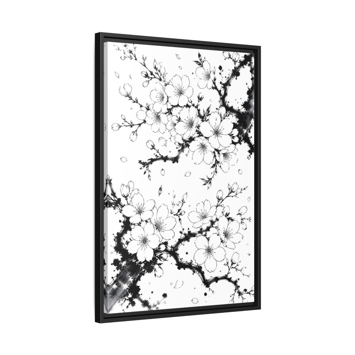 Floral Cherry Blossoms Black White Framed Canvas Print Wall Art – Living Room Decor, Above Console Table - YesArtYes