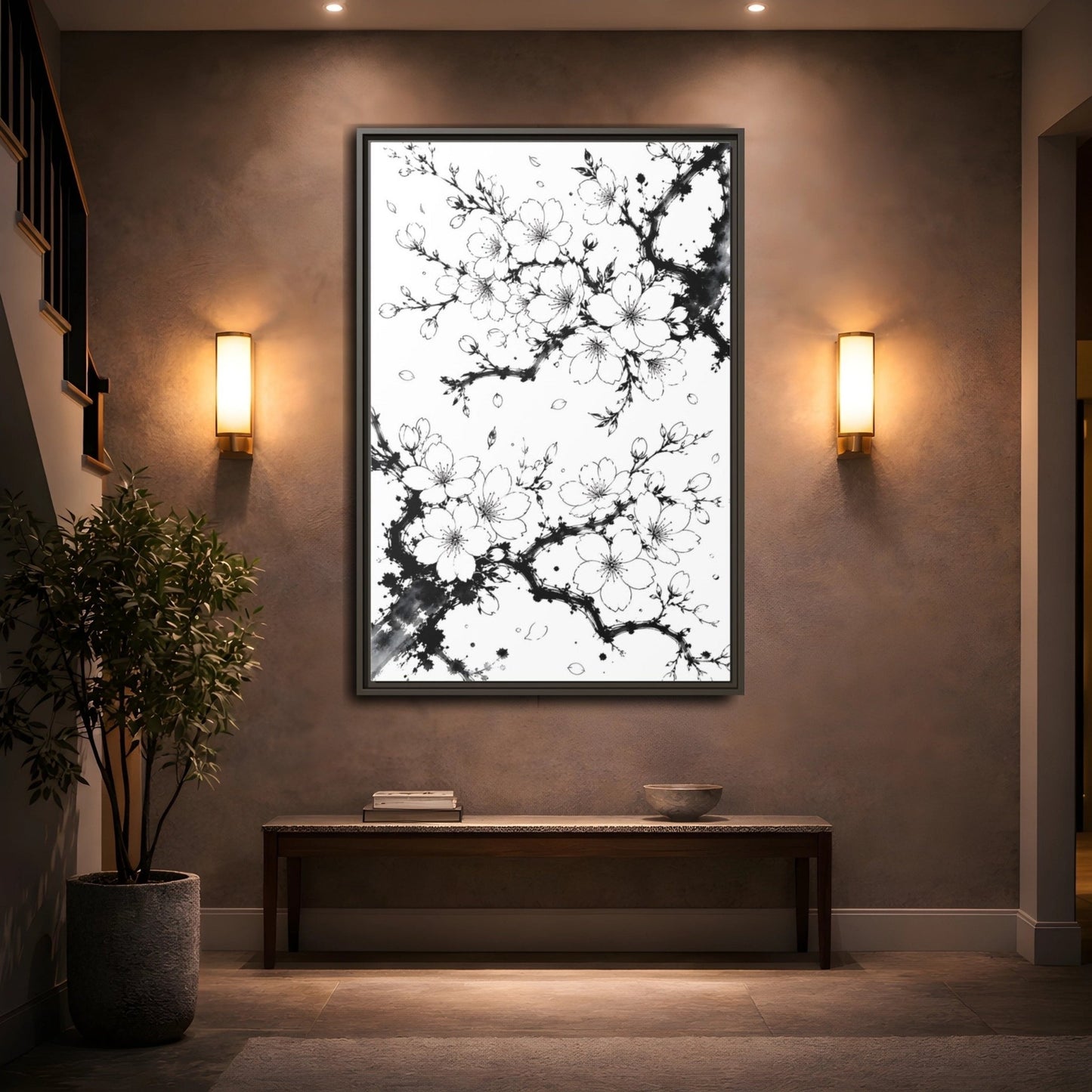 Floral Cherry Blossoms Black White Framed Canvas Print Wall Art – Living Room Decor, Above Console Table - YesArtYes