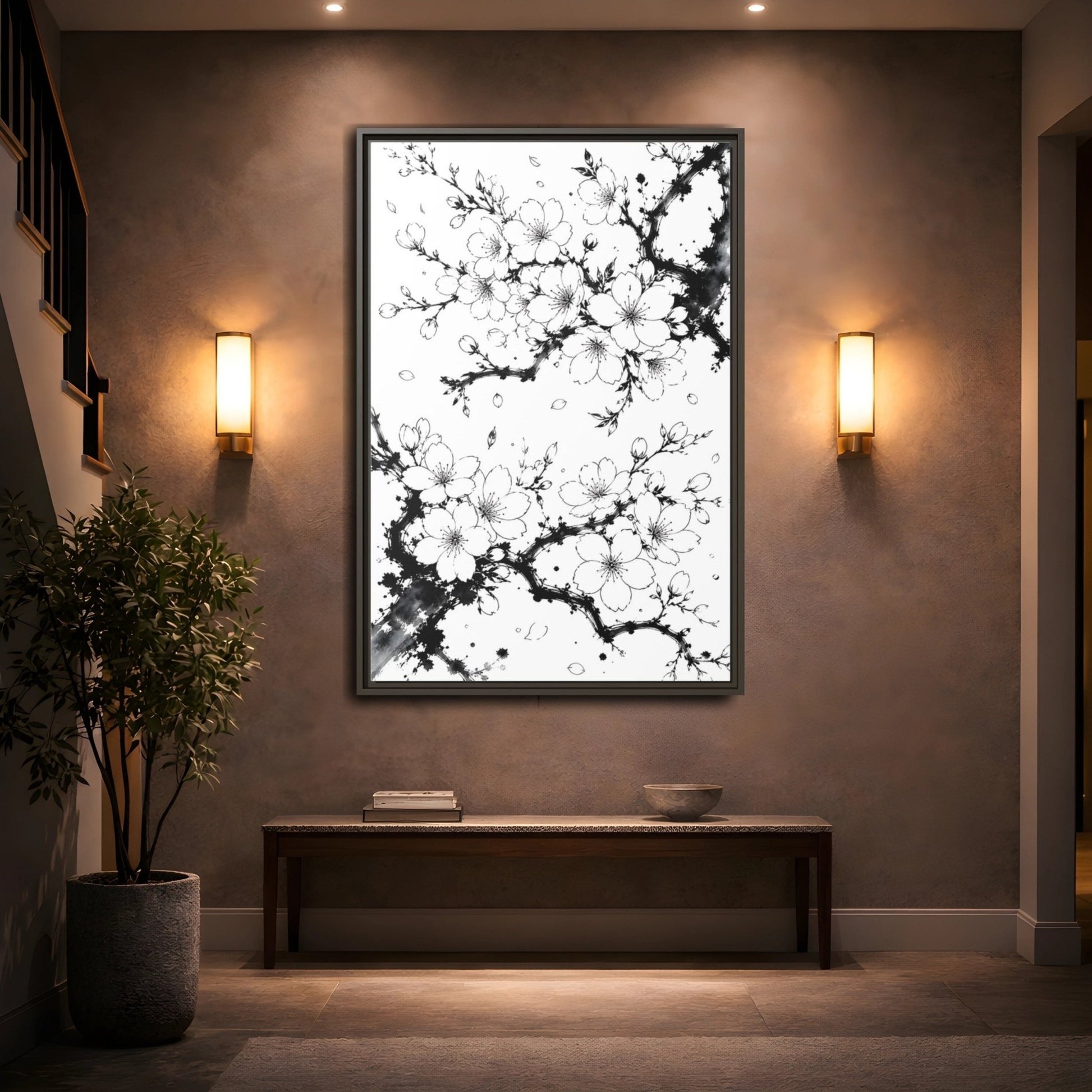 Floral Cherry Blossoms Black White Framed Canvas Print Wall Art – Living Room Decor, Above Console Table - YesArtYes