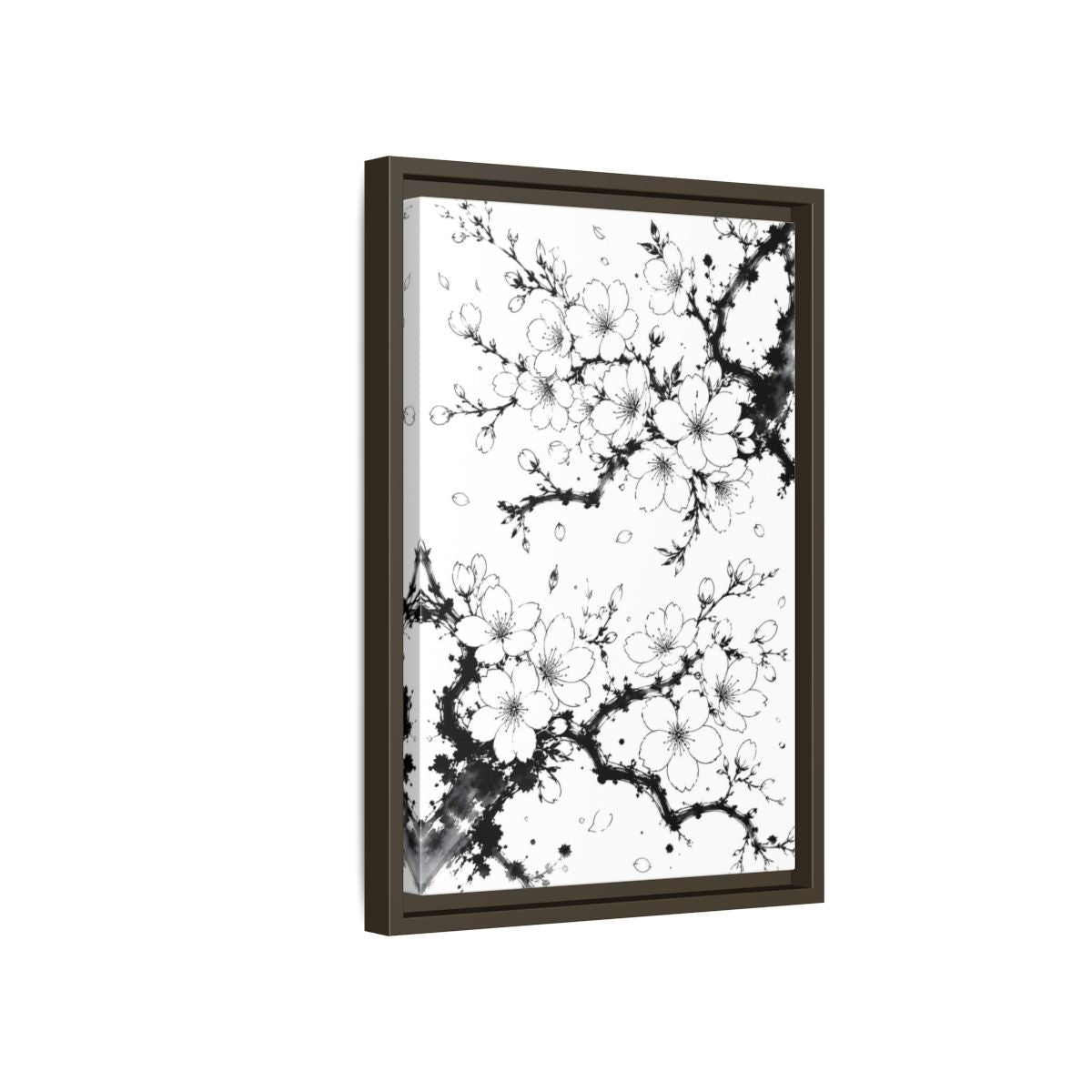 Floral Cherry Blossoms Black White Framed Canvas Print Wall Art – Living Room Decor, Above Console Table - YesArtYes