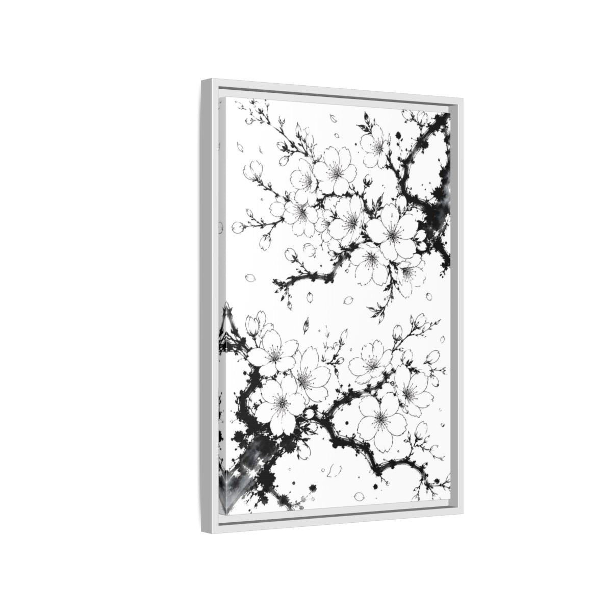 Floral Cherry Blossoms Black White Framed Canvas Print Wall Art – Living Room Decor, Above Console Table - YesArtYes