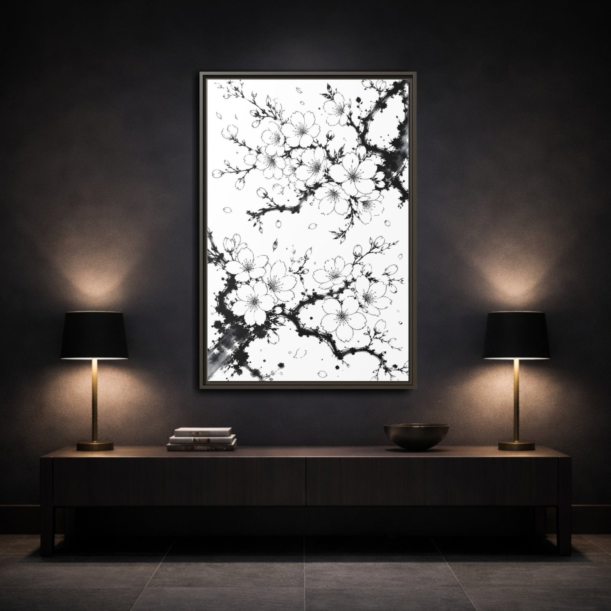 Floral Cherry Blossoms Black White Framed Canvas Print Wall Art – Living Room Decor, Above Console Table - YesArtYes