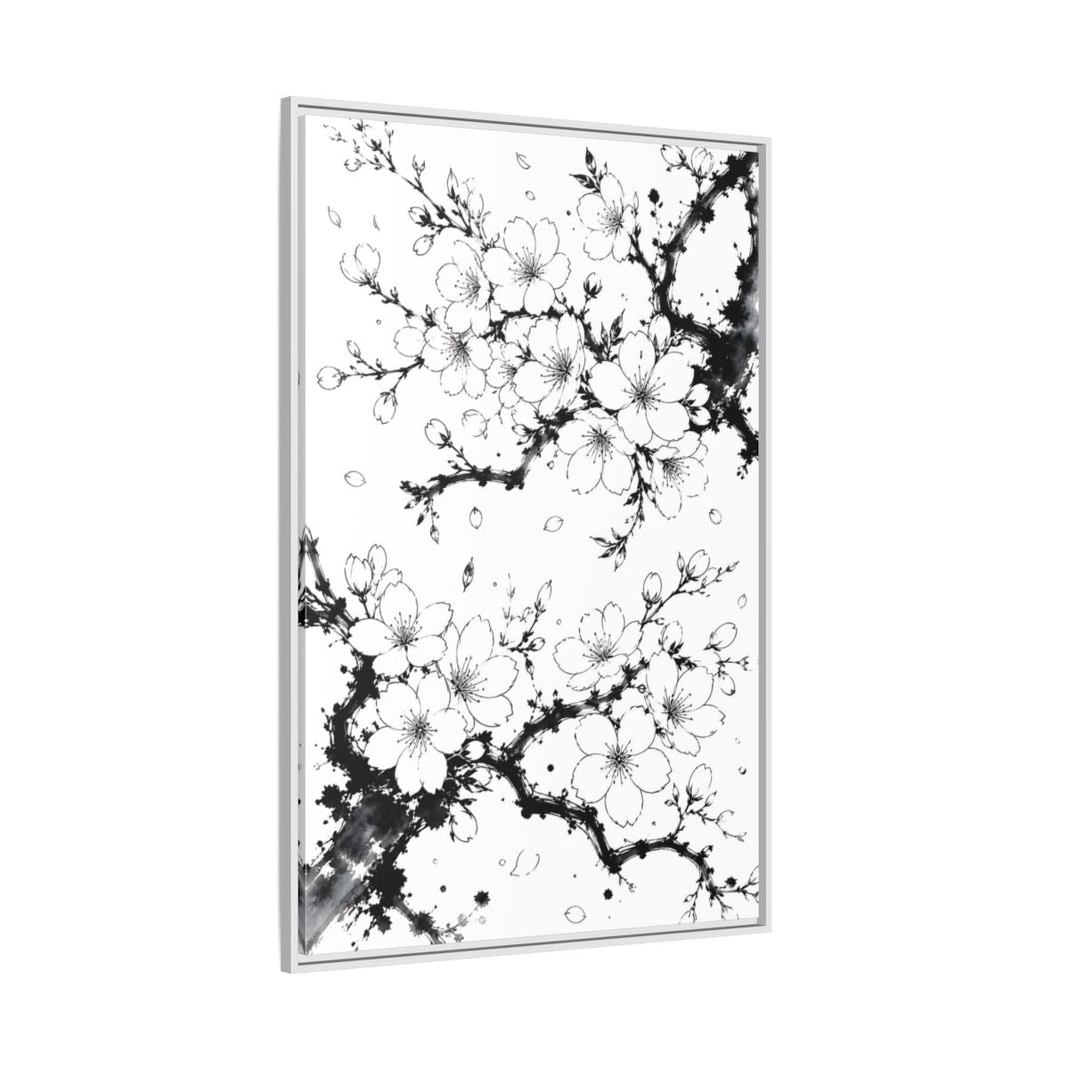 Floral Cherry Blossoms Black White Framed Canvas Print Wall Art – Living Room Decor, Above Console Table - YesArtYes