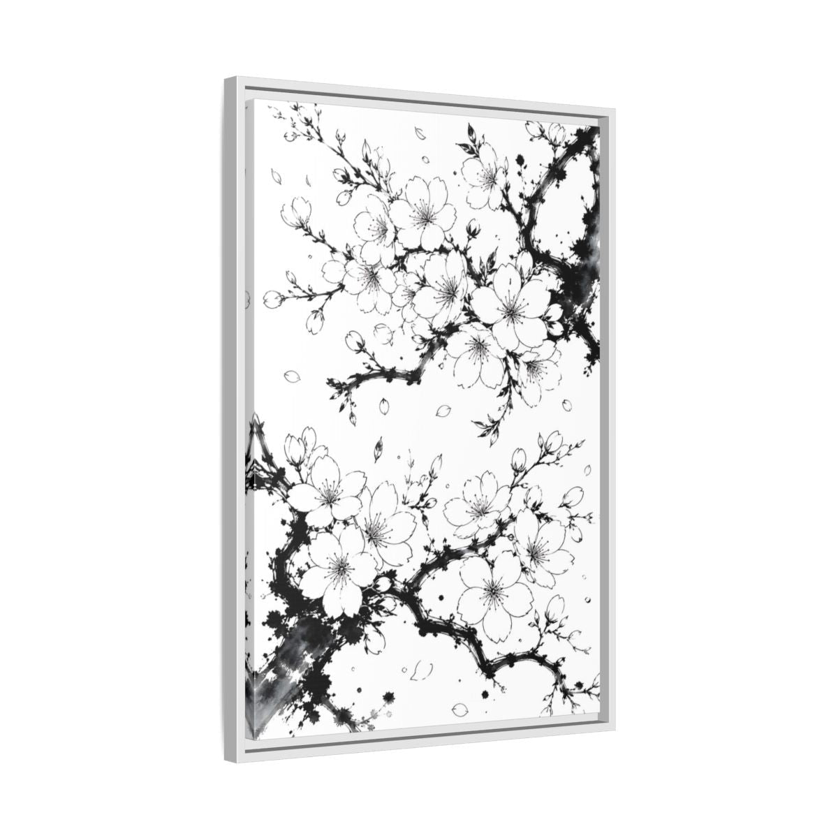 Floral Cherry Blossoms Black White Framed Canvas Print Wall Art – Living Room Decor, Above Console Table - YesArtYes