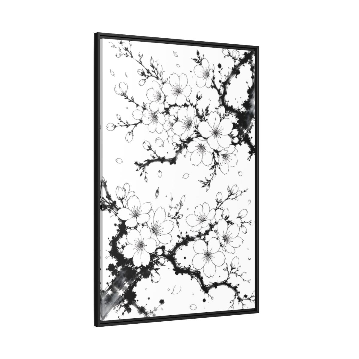 Floral Cherry Blossoms Black White Framed Canvas Print Wall Art – Living Room Decor, Above Console Table - YesArtYes