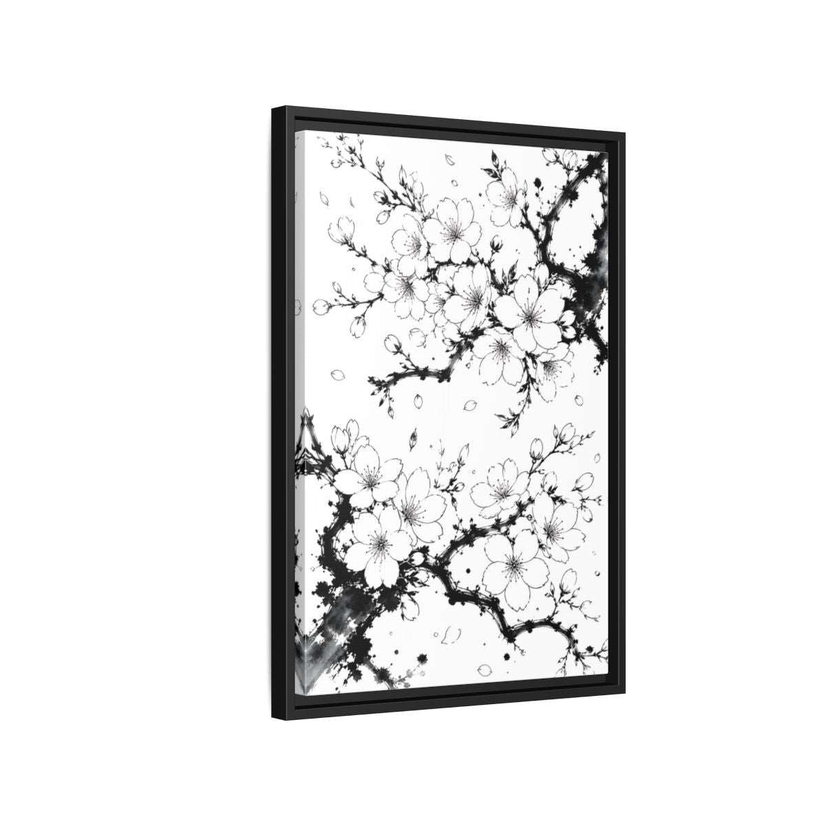 Floral Cherry Blossoms Black White Framed Canvas Print Wall Art – Living Room Decor, Above Console Table - YesArtYes