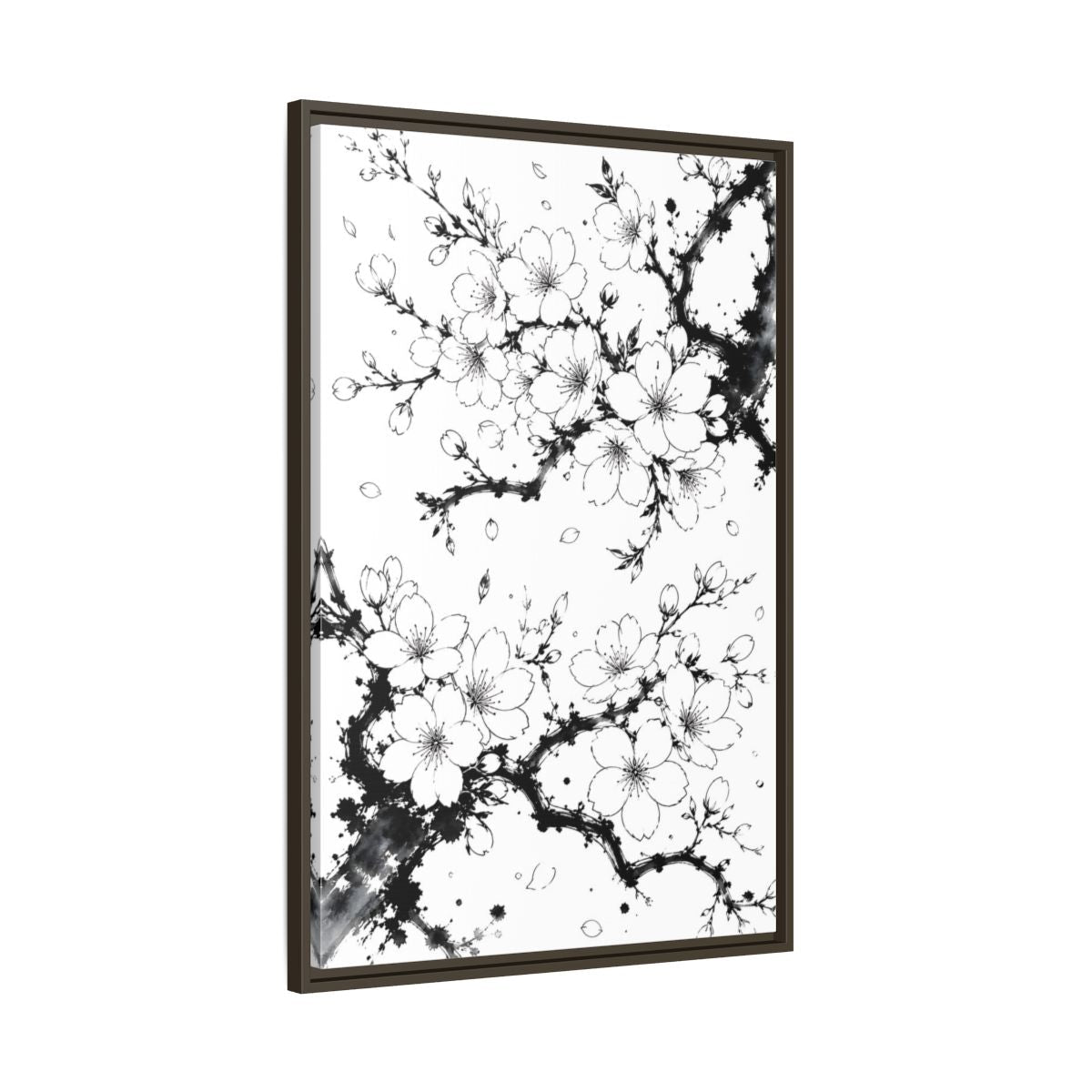Floral Cherry Blossoms Black White Framed Canvas Print Wall Art – Living Room Decor, Above Console Table - YesArtYes